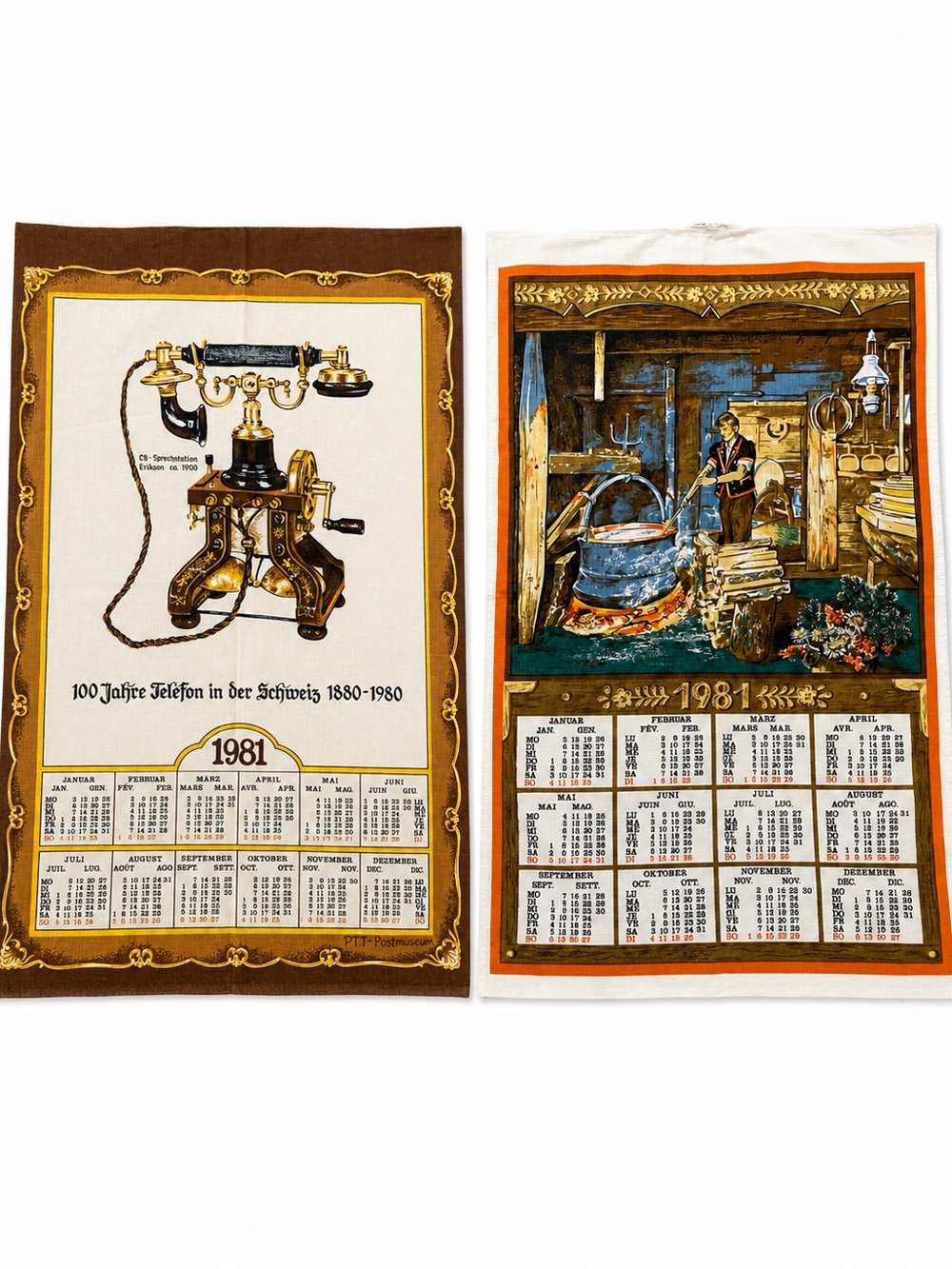 Set of 2 Vintage 1981 Calendar Tea Towels Cotton Viscose European Kitchen Towels